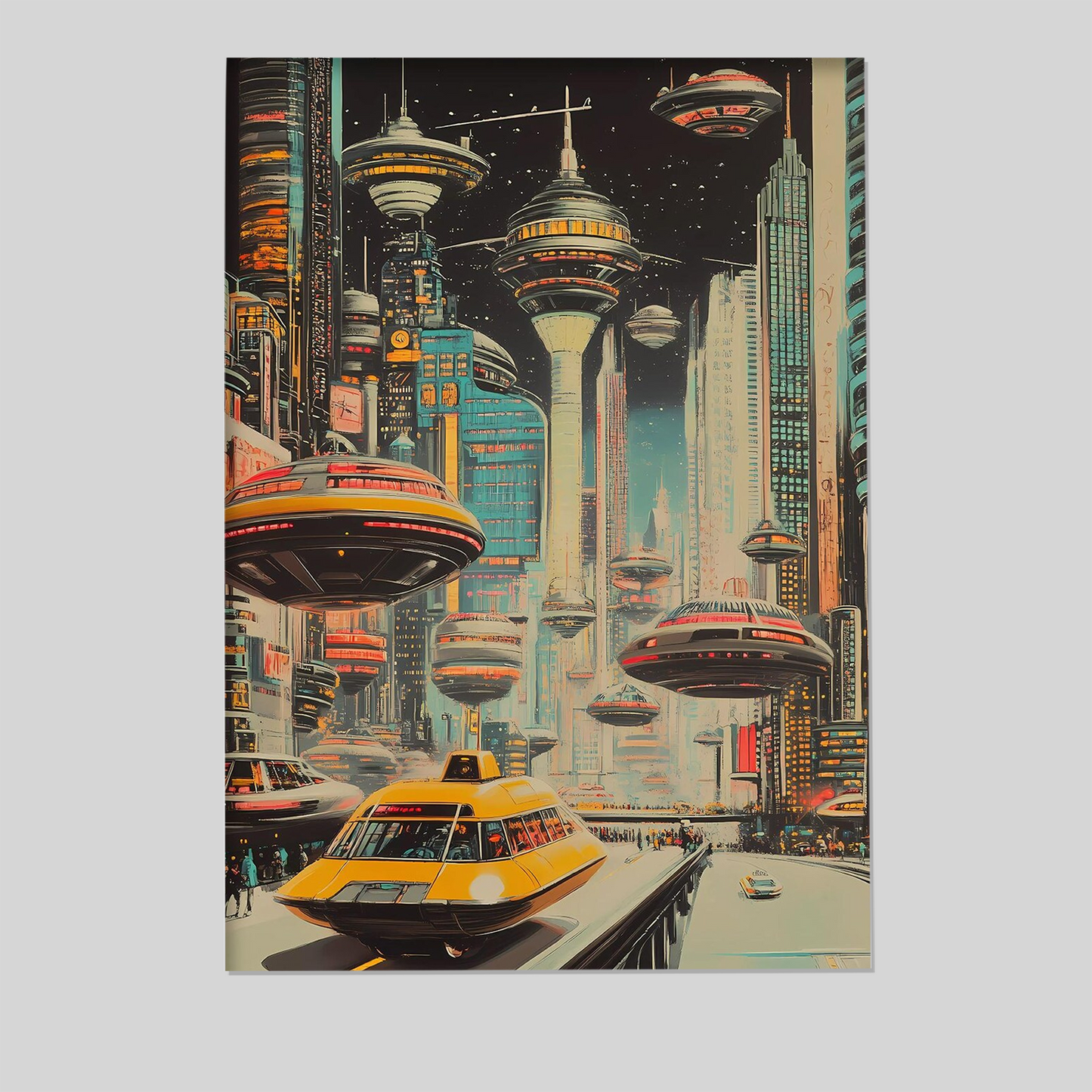 Vintage Retro Futurism Cityscape Poster – Sci-Fi Urban Scene with Hover Cars & Flying Buses