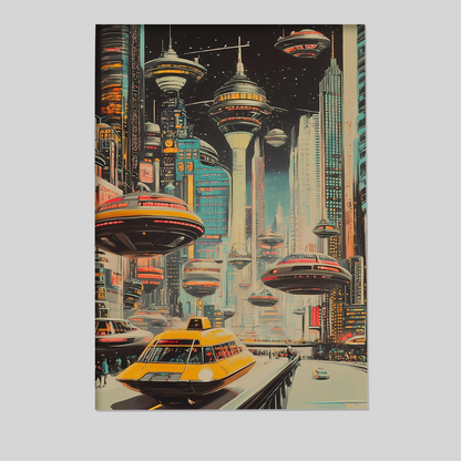 Vintage Retro Futurism Cityscape Poster – Sci-Fi Urban Scene with Hover Cars & Flying Buses