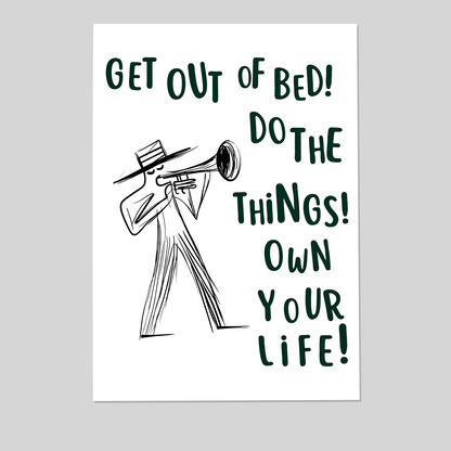 Get Out Of Bed Print, Funny Motivational Poster, Retro Quote Wall Art, Dorm Room Decor, Trendy Typography Art
