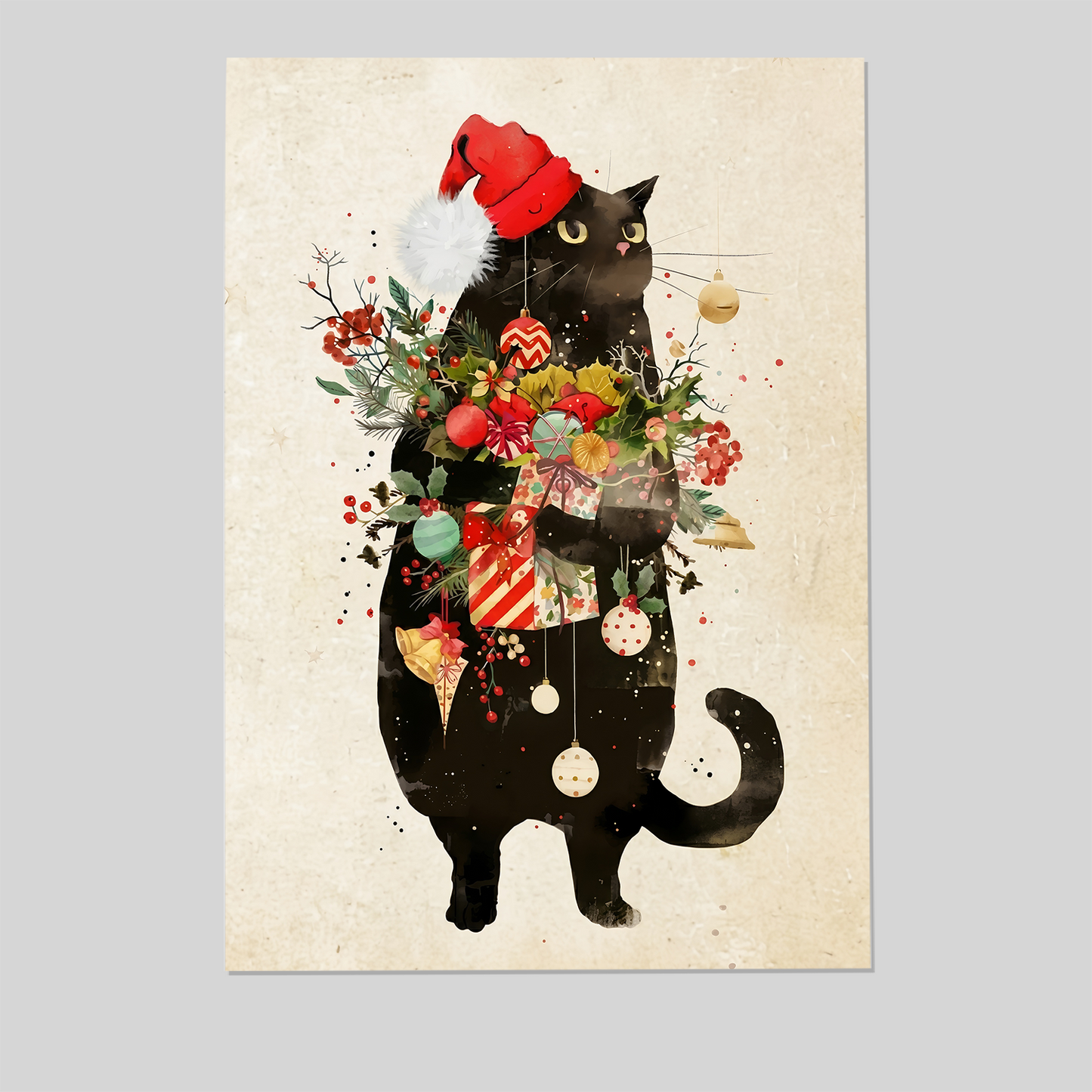 Christmas Gifts from Black Cats Poster, Whimsical Cat Santa Claus Art Poster, One Sheet Wall Size 24''x36''