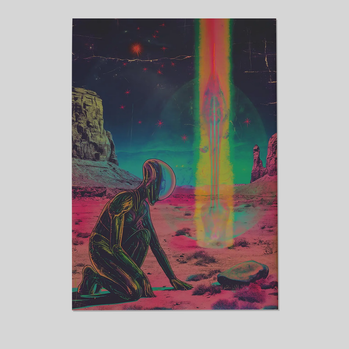 Retro Sci Fi Wall Art Print - Synthwave Alien Desert Poster - Neon Cosmic Beam Artwork - Vaporwave Space Decor