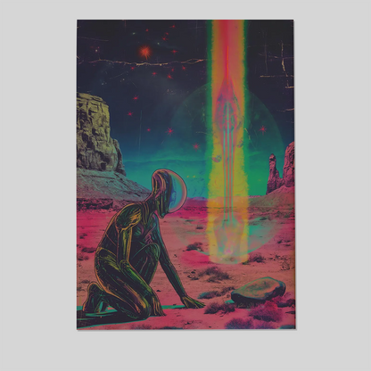 Retro Sci Fi Wall Art Print - Synthwave Alien Desert Poster - Neon Cosmic Beam Artwork - Vaporwave Space Decor