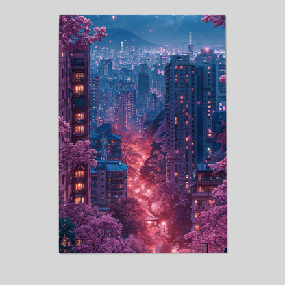 Sakura Cherry Blossom Cyberpunk Poster | Neon Japanese Futuristic Wall Art for Bedroom & Gaming Room