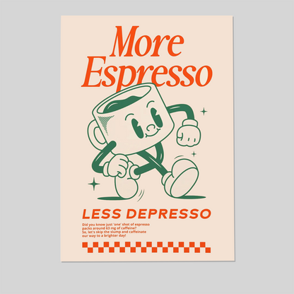 More Espresso Less Depresso Wall Art Print – Retro Coffee Quote for Kitchen, Coffee Bar or Cool Apartment Decor