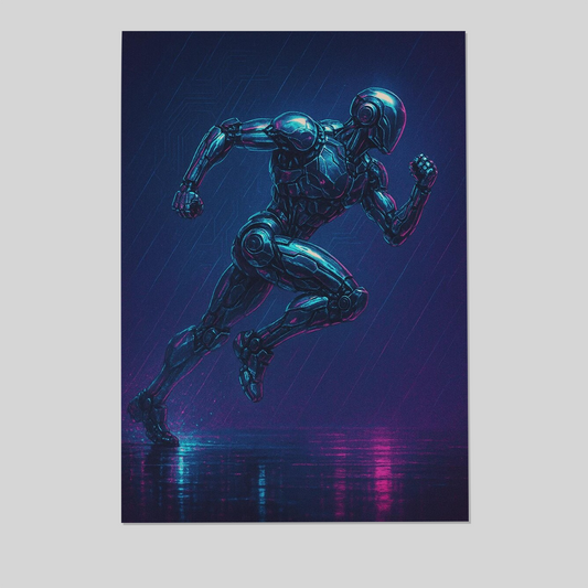 Mecha Runner at Dusk – Neon Cyberpunk Action Poster