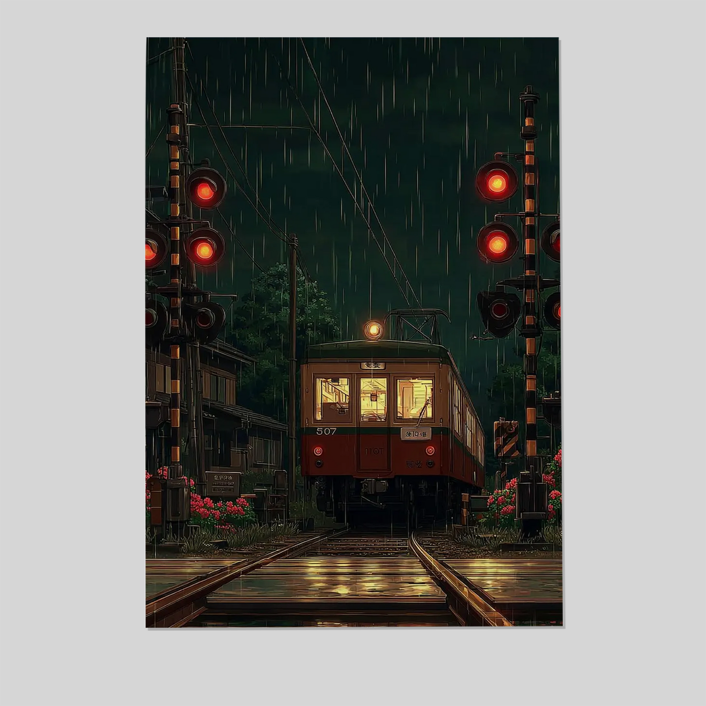 Japanese Train Crossing Poster, Rainy Night Wall Art In Cinematic Style For Bedroom Living Room Decor Style 2