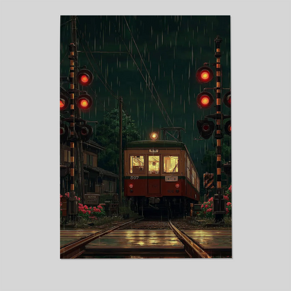 Japanese Train Crossing Poster, Rainy Night Wall Art In Cinematic Style For Bedroom Living Room Decor Style 2