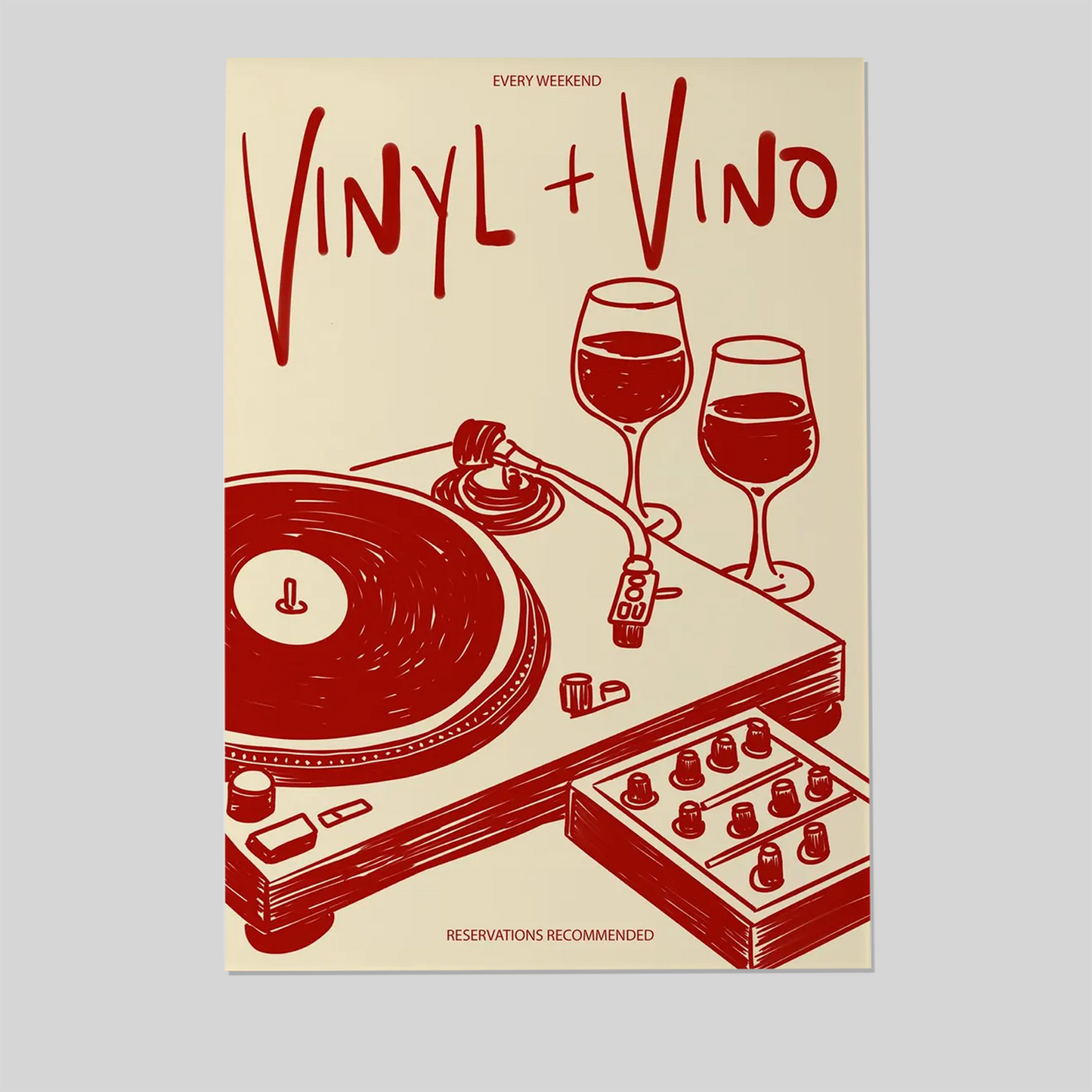 Vinyl & Vino Print | Music Poster | Home Decor | Wine | Illustration | Record | Bar | Trendy | Retro | Kitchen Dining Room | Mid Century
