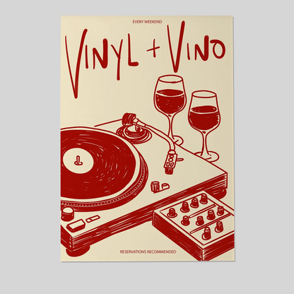 Vinyl & Vino Print | Music Poster | Home Decor | Wine | Illustration | Record | Bar | Trendy | Retro | Kitchen Dining Room | Mid Century