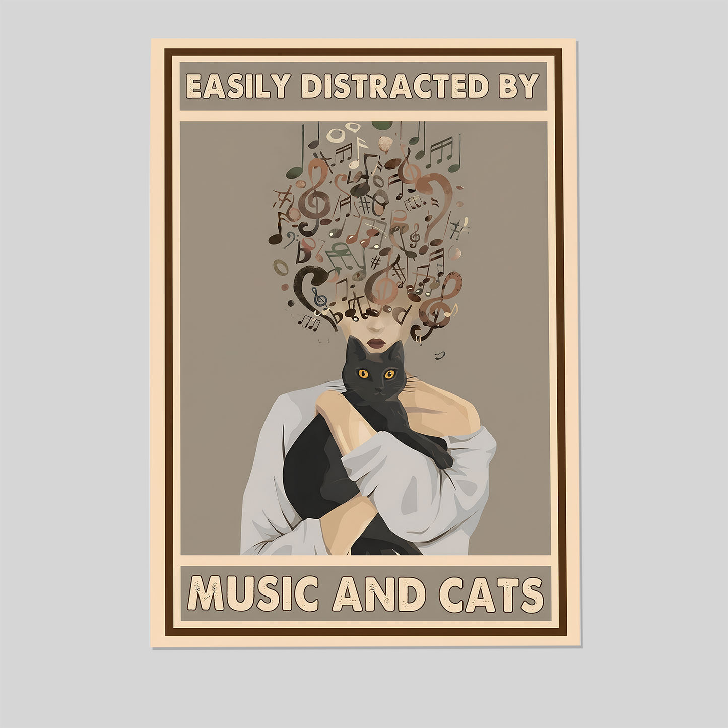 Home Decor- Black Cat Easily Distracted By Music And Cats Poster, One Sheet Wall Size 24''x36''