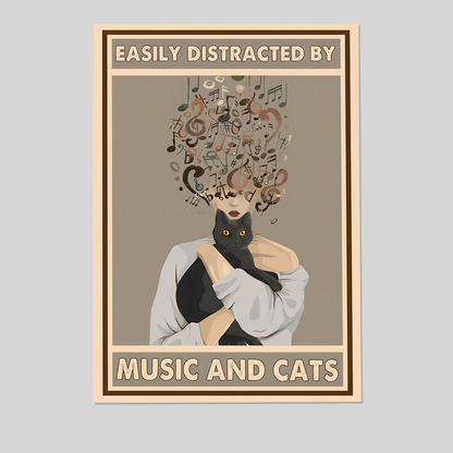 Home Decor- Black Cat Easily Distracted By Music And Cats Poster, One Sheet Wall Size 24''x36''