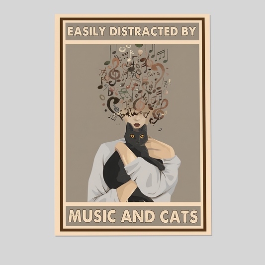 Home Decor- Black Cat Easily Distracted By Music And Cats Poster, One Sheet Wall Size 24''x36''