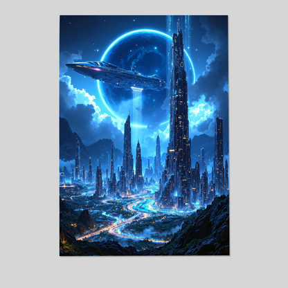 Neon Blue Cyberpunk Cityscape Poster, Futuristic Sci-Fi Metropolis Wall Art, Cosmic Spaceship Room Decor