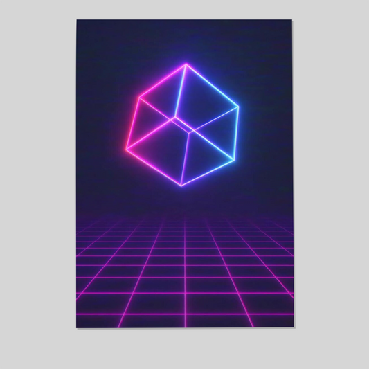 Neon Cube Art Print – Synthwave Purple Grid Poster