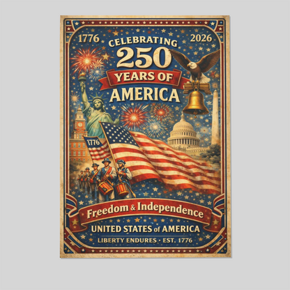 America 250 (1776–2026) Farmhouse Patriotic Decor – Poster Independence Wall Print – Fireworks Art