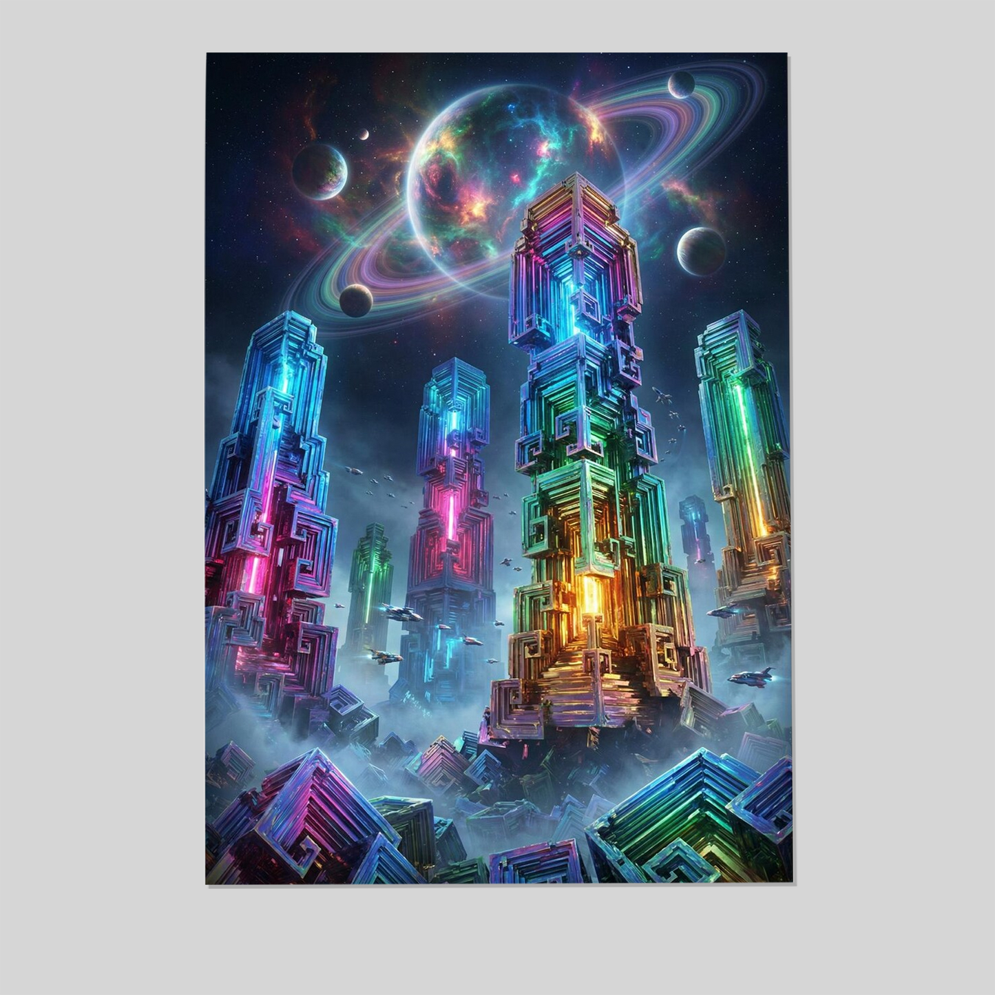 Bismuth Crystal Sci Fi Wall Art, Surreal Alien City Print, Neon Space Poster, Cyberpunk Gaming Room Decor