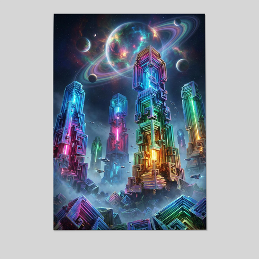Bismuth Crystal Sci Fi Wall Art, Surreal Alien City Print, Neon Space Poster, Cyberpunk Gaming Room Decor