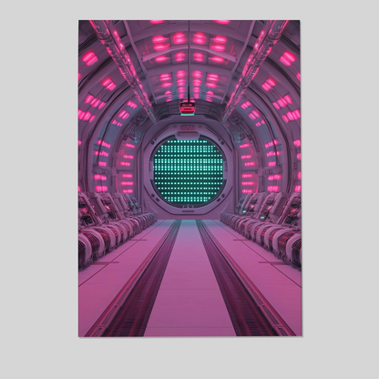Neon Passage – Galactic Cyberpunk Sci-fi Wall Art – Vivid Spaceship Interior with Futuristic Passenger Seats – Cosmic Fantasy Framed Poster