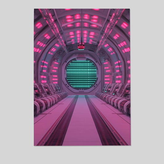 Neon Passage – Galactic Cyberpunk Sci-fi Wall Art – Vivid Spaceship Interior with Futuristic Passenger Seats – Cosmic Fantasy Framed Poster