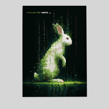White Rabbit Pixel Art | Sci Fi Wall Art Print | Follow the White Rabbit | Cyberpunk Movie Decor