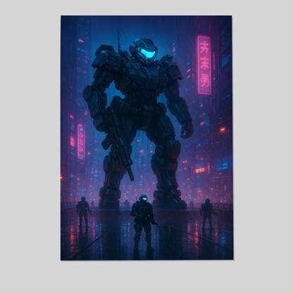 Cyberpunk Mech Poster: Neon Sci-Fi Robot Print