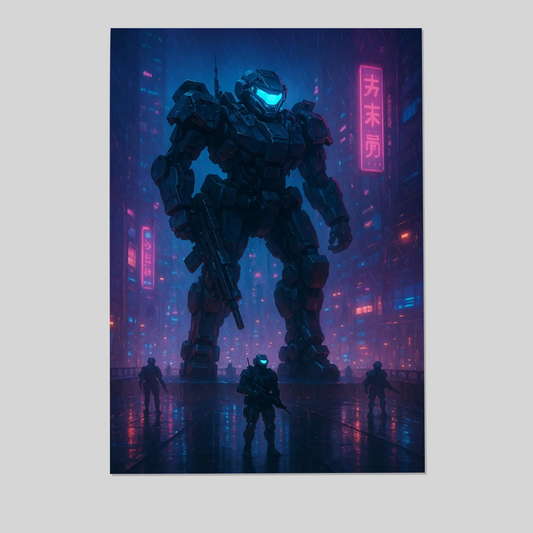 Cyberpunk Mech Poster: Neon Sci-Fi Robot Print