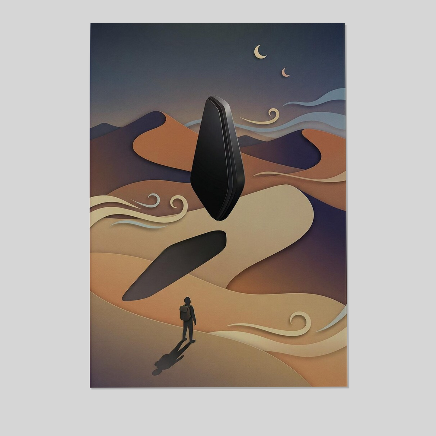 Surreal Desert Traveler Wall Art | Floating Black Monolith Print | Cinematic Night Decor Print