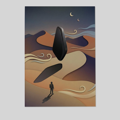 Surreal Desert Traveler Wall Art | Floating Black Monolith Print | Cinematic Night Decor Print