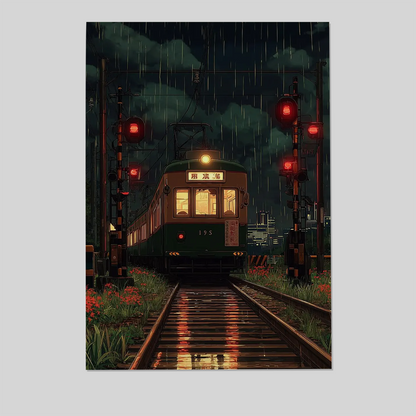 Cinematic Japanese Train Station at Night – Rainy Lantern Platform Wall Art