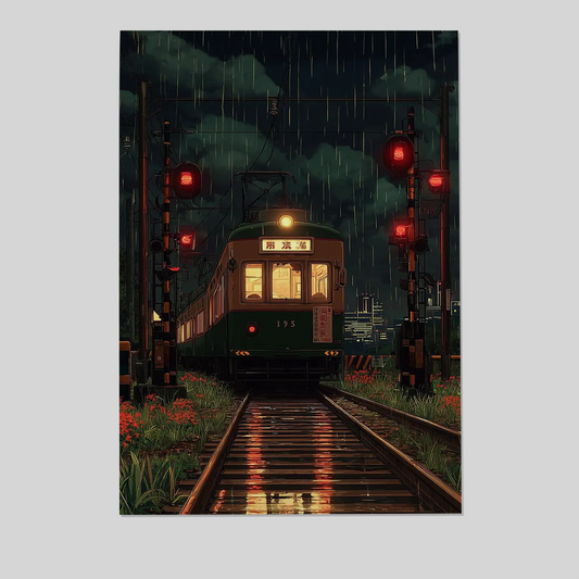 Cinematic Japanese Train Station at Night – Rainy Lantern Platform Wall Art