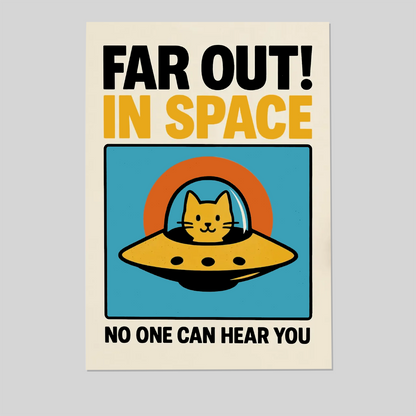 Far Out! Cat in Space Wall Art Poster – Funny Ironic Print, Artful Quote Typography, Homely Digital Download Poster Print