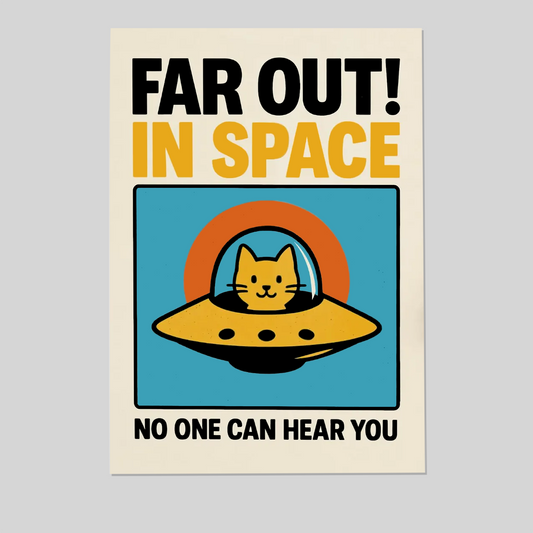 Far Out! Cat in Space Wall Art Poster – Funny Ironic Print, Artful Quote Typography, Homely Digital Download Poster Print