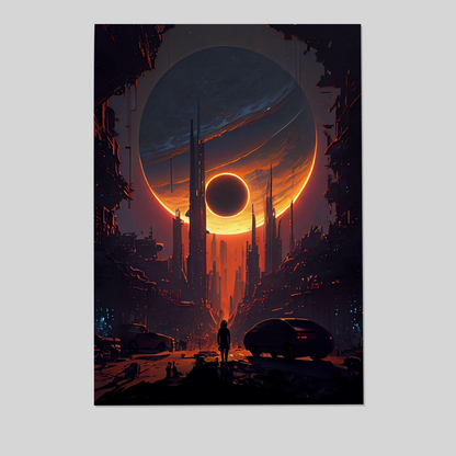 Futuristic Cyberpunk Cityscape | Dark Solar Eclipse Art | Space Art | Sci-Fi Poster