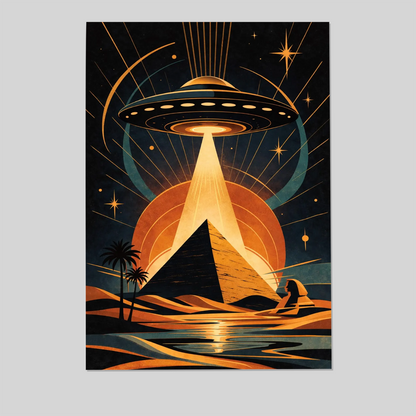 Retro Sci Fi UFO Pyramid Poster, Mid Century Cosmic Desert Art