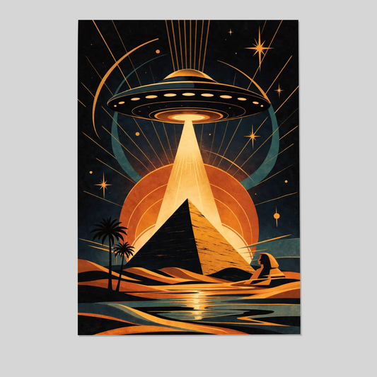 Retro Sci Fi UFO Pyramid Poster, Mid Century Cosmic Desert Art