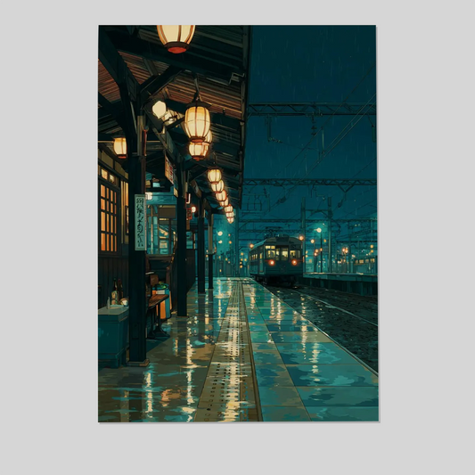 Japanese Train Crossing Poster, Rainy Night Wall Art In Cinematic Style For Bedroom Living Room Decor Style 3