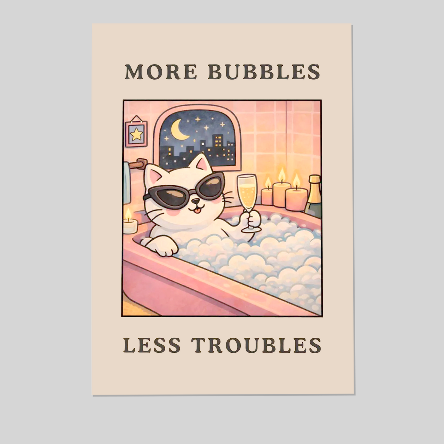 More Bubbles Less Troubles - Funny Bathroom Wall Art, Cute Cat Bathtub Print, Relaxation Humor Poster, Bathroom Decor Gift
