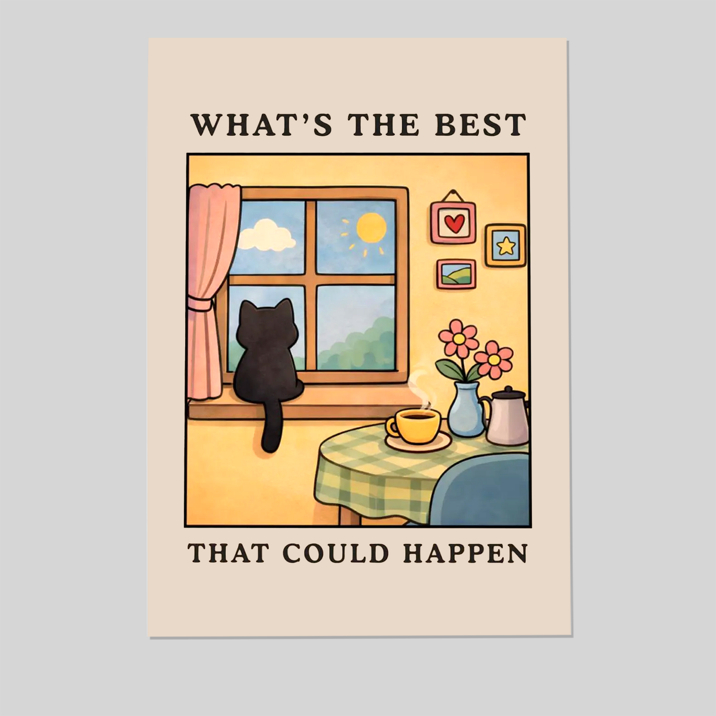 What's The Best That Could Happen - Cute Cat Motivational Wall Art, Cozy Home Poster, Positive Quote Print, Comfort Decor
