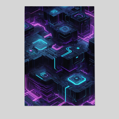 Cyberpunk Cityscape Art Print: Neon Circuit Board Tech Decor