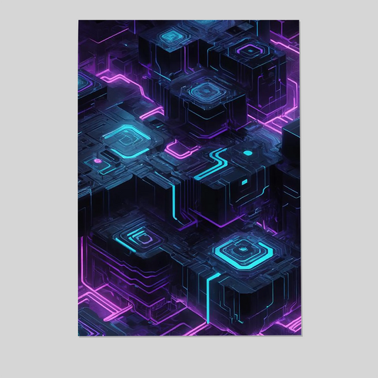 Cyberpunk Cityscape Art Print: Neon Circuit Board Tech Decor