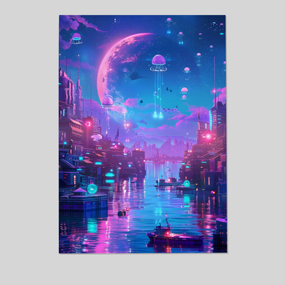 Sci-Fi Sky Poster, Neon Cyberpunk Cityscape, Vaporwave Wall Art