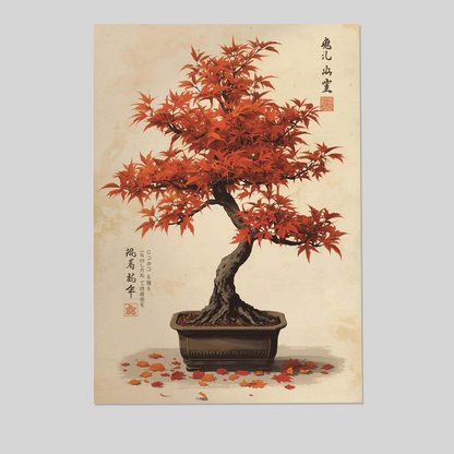 Red Maple Bonsai Japanese Wall Art Poster – Wabi Sabi Japanese Print, Calm Zen Home Decor