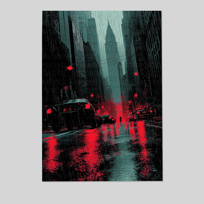 Dark Cinematic City Wall Art, Rainy Street Poster, Moody Cyberpunk Decor