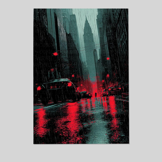 Dark Cinematic City Wall Art, Rainy Street Poster, Moody Cyberpunk Decor