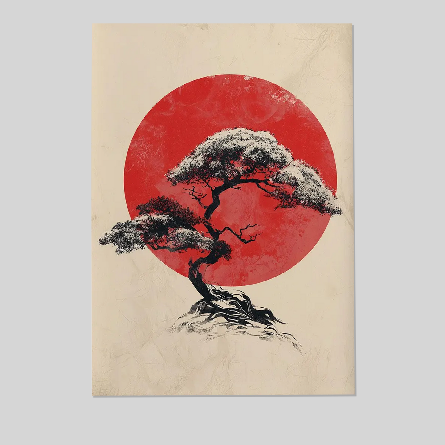 Bonsai Tree with Red Sun Poster – Minimalist Japanese Wall Art