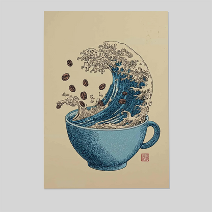 Coffee Wave Wall Art Print, Blue Coffee Cup Poster with Ocean Design, Japanese Inspired Artwork, Cafe Kitchen Decor