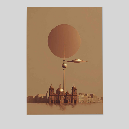 Berlin UFO Poster Print, Futuristic Surreal City Wall Art, Sci Fi Architecture Artwork, Modern Minimalist Poster, UFO Decor Print