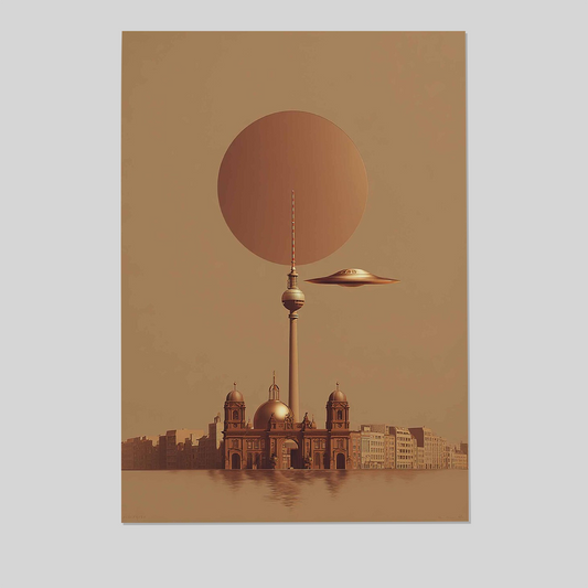 Berlin UFO Poster Print, Futuristic Surreal City Wall Art, Sci Fi Architecture Artwork, Modern Minimalist Poster, UFO Decor Print
