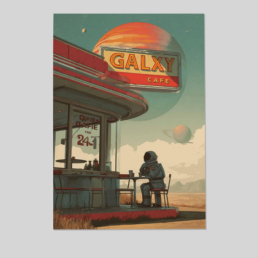 Retro Sci-Fi Poster, 70s Surreal Cosmic Decor, Futuristic Space Cafe Poster, Vintage Landscape Print, Space Artwork for Bedroom