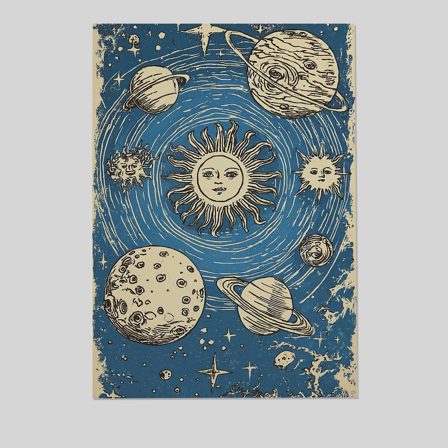 Celestial Sun Moon Poster | Vintage Astrology Wall Art | Blue Cosmic Illustration Print